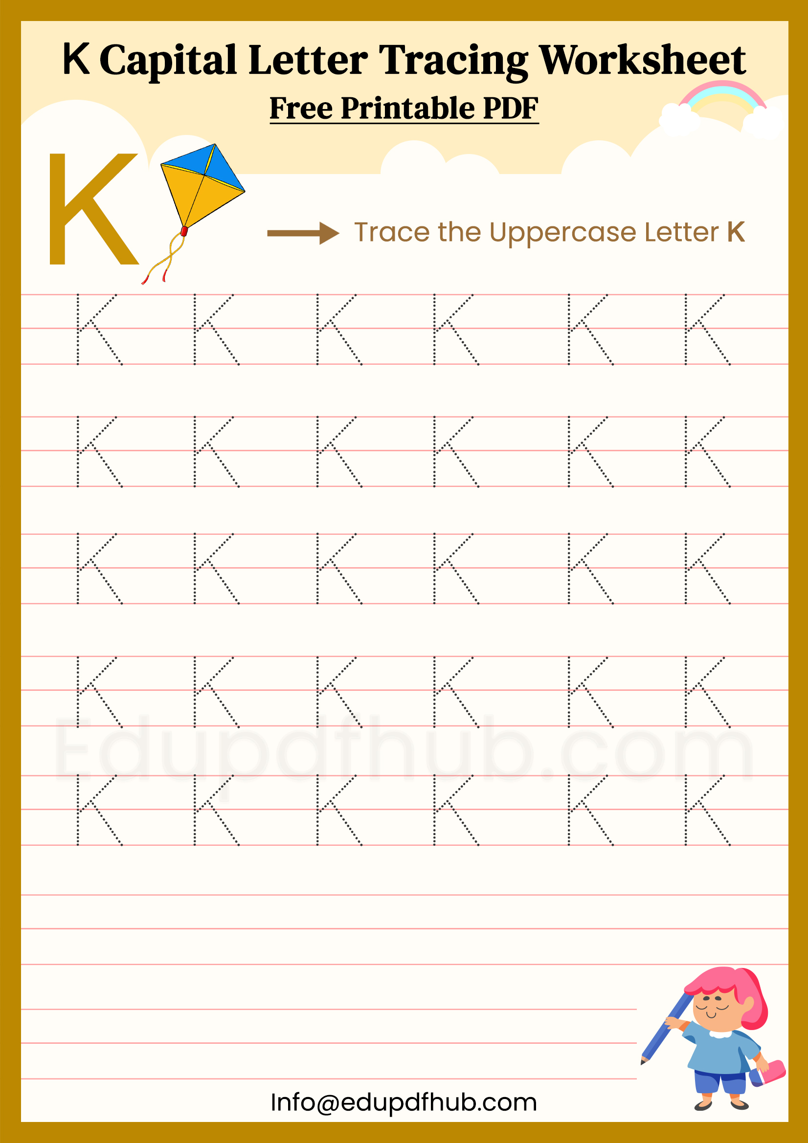 K Capital Letter Tracing Worksheet Printable PDF for Kids